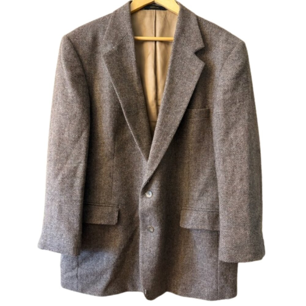 Haggar Imperial Brown Herringbone Sport Coat 46 Wool Blend Blazer